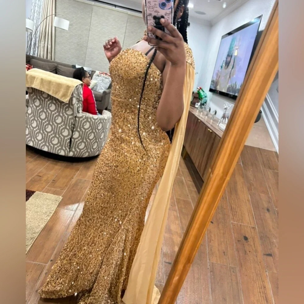 Elegant Long Champagne Draped Sequin Cape & Mermaid Dress Wedding Party Prom - Picture 8 of 8